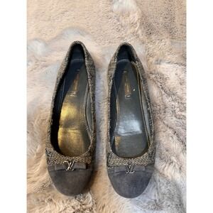 Authentic Louis Vuitton Ballet Flats Shoes‎ Gray Tweed Embellished Bow Size 38